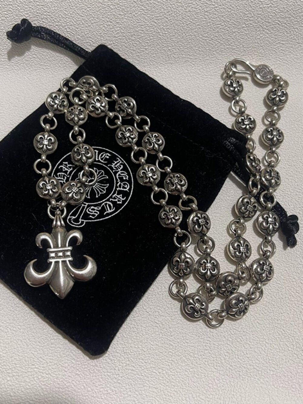 Chrome Hearts BS Fleur Charm Ball Chain Necklace Sterling Silver